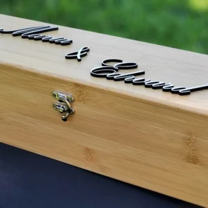 Personalized bamboo wine gift box with custom engraved names – front view