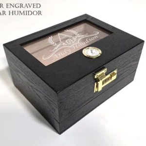 Personalized Cigar Humidor – Custom Engraved Cedar Wood Cigar Box with Lock & Glass Top