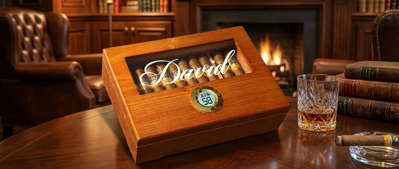 Personalized Cedar Cigar Humidor with Glass Top & Hygrometer