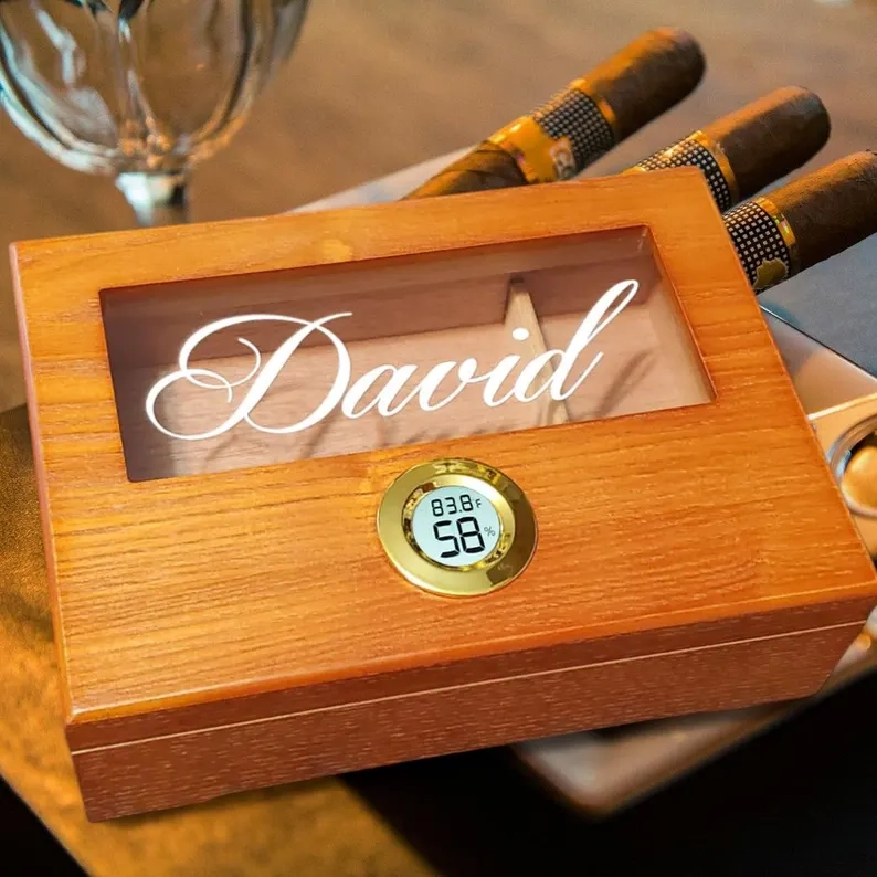 Personalized Cedar Cigar Humidor with Glass Top & Hygrometer - Image 2