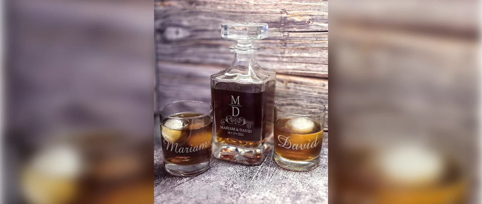 Engraved whiskey decanter with two matching glasses, a gift for a father-in-law