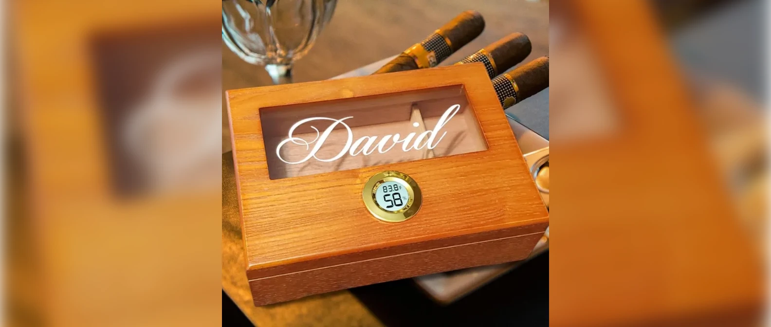 Personalized cedar cigar humidor with glass top and built-in hygrometer, engraved with a name