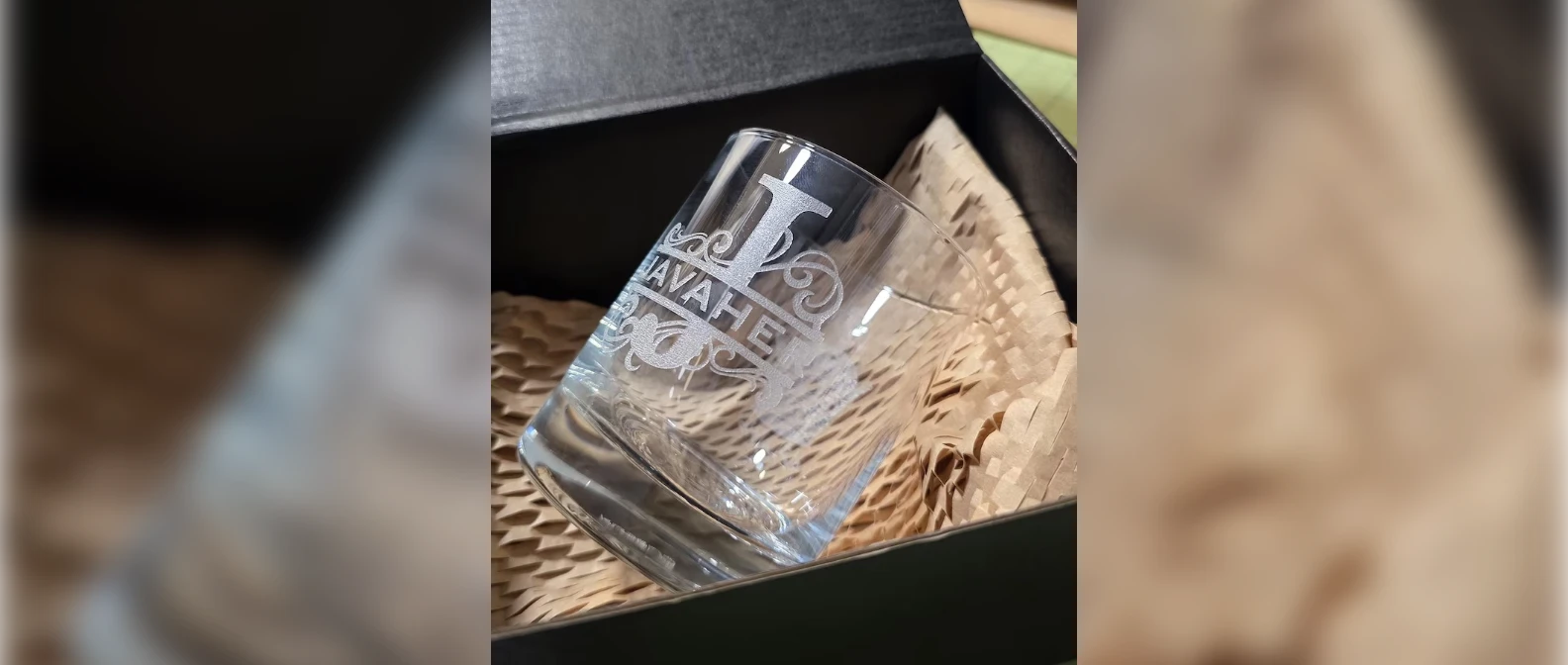 Personalized engraved whiskey glass in a black gift box