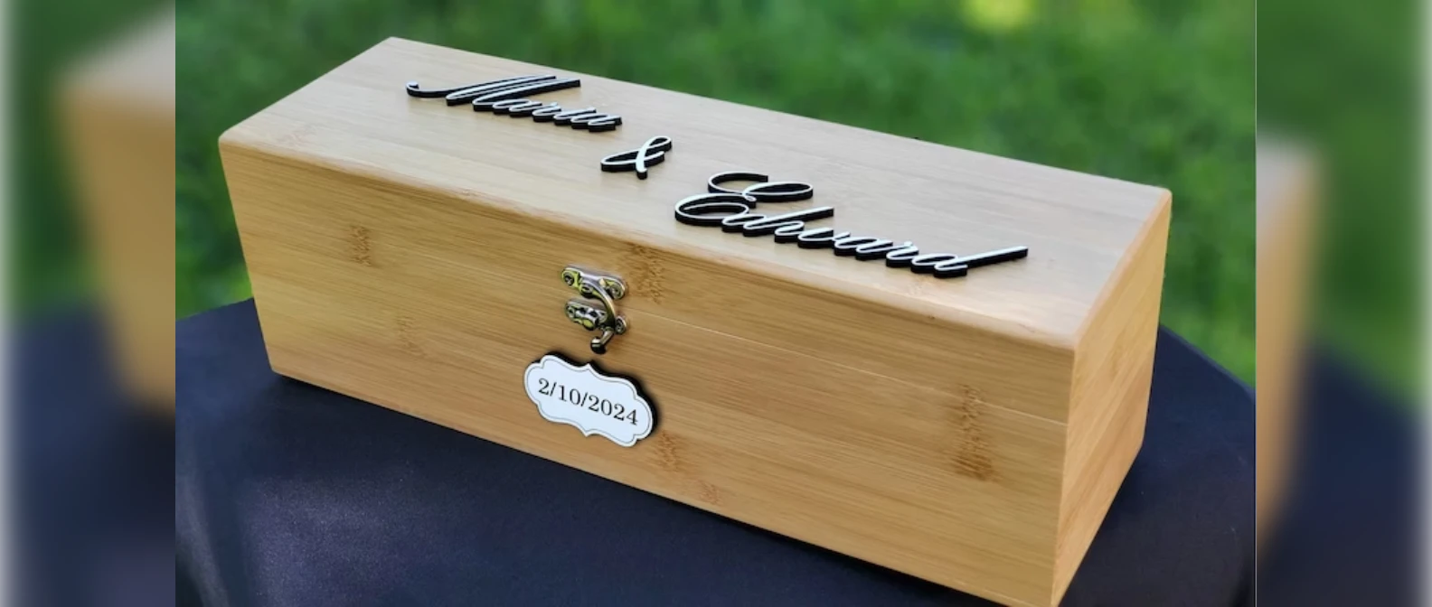 Bamboo wine box with the buyers’ names and closing date, a real estate closing gift